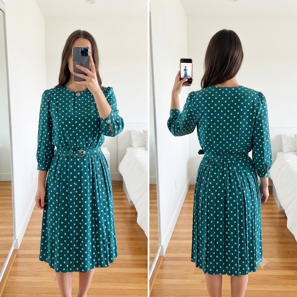 Vintage S/M 80s Lady Carol Petite Teal White Polka Dot Pleated Dress Belted Midi
